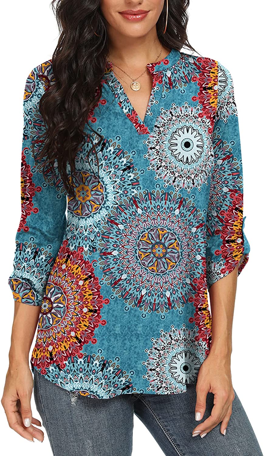 NILOUFO Womens Casual Summer Shirts Notch V Neck Blouses 3/4 Roll Sleeve Tops Tunics