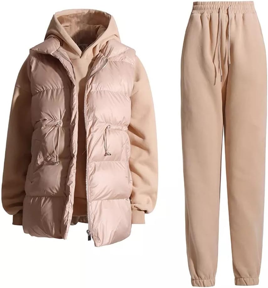 n/a Solid Three Piece Set Womens Hooded Collar Sweatshirt Turtleneck Sleeve Cotton Vest High Waist Trousers Female Sets (Color : A, Size : L Code)