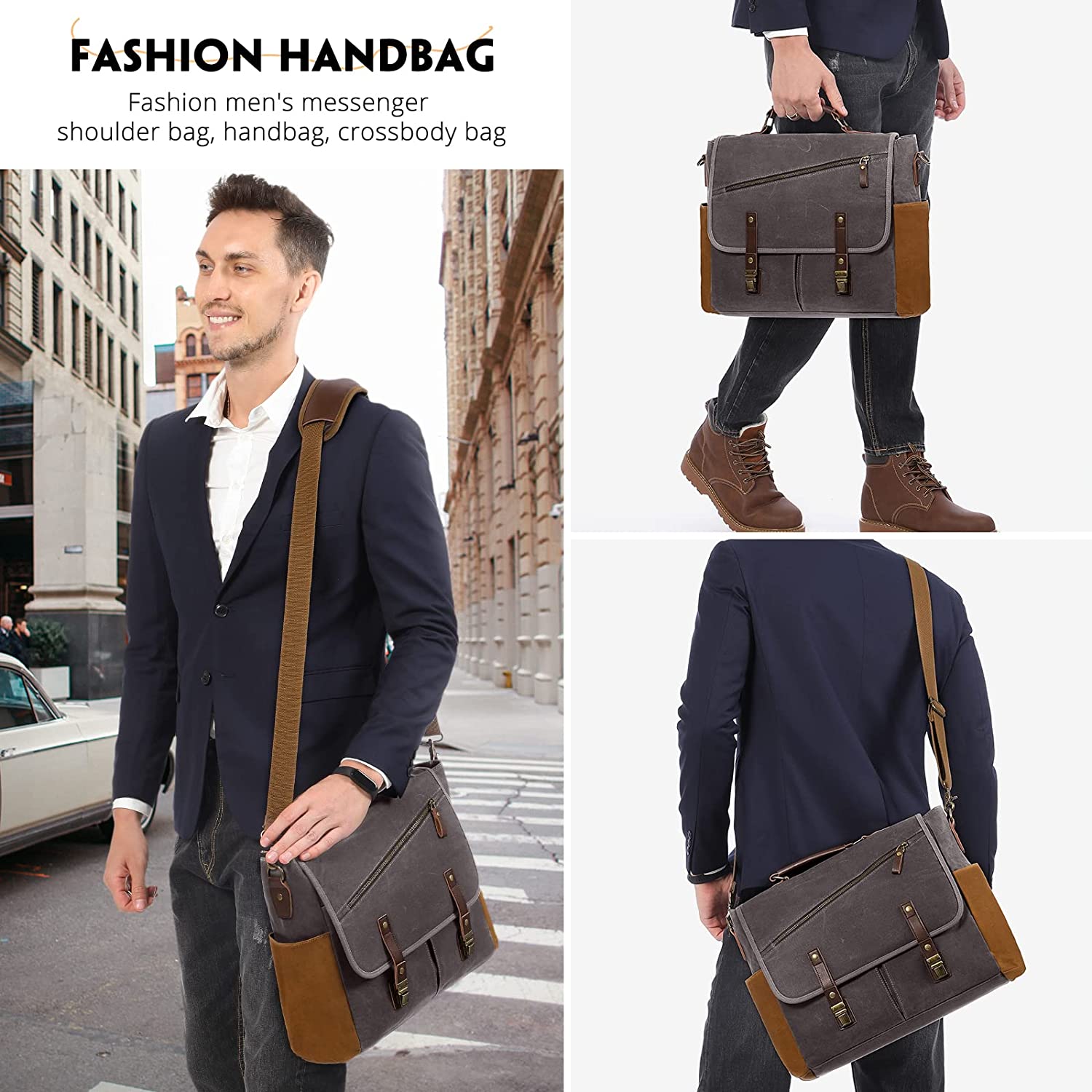 LOVEVOOK Mens Messenger Bag， 15.6 Inch Waterproof Waxed Canvas Briefcase Vintage Leather Computer Laptop Book Bag Large Satchel Shoulder Bag for Work， Travel， School