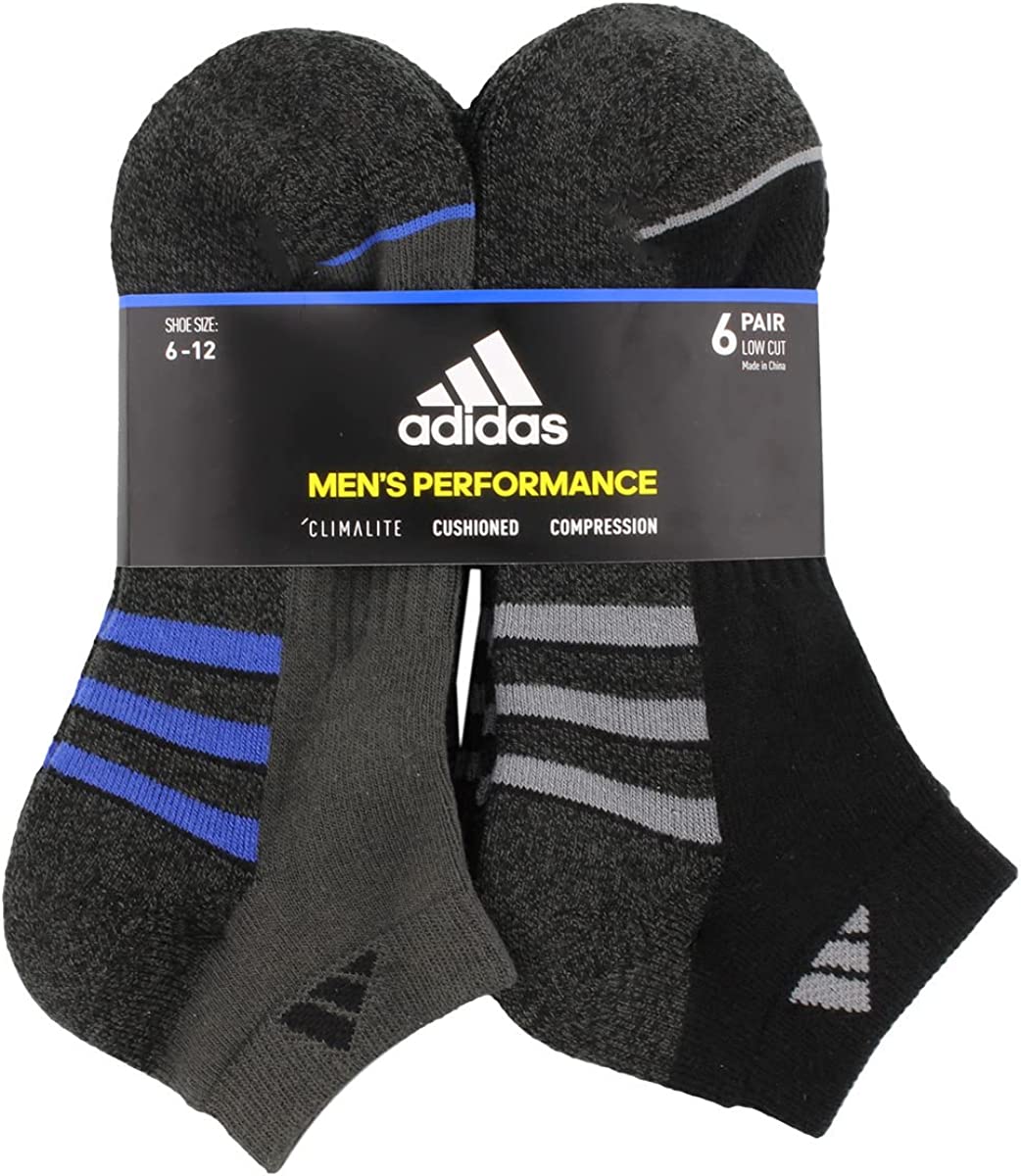 Adidas 6 Pairs Men's Low Cut Socks 6 Pack for Shoe Size 6-12 Black, Black, 6-12