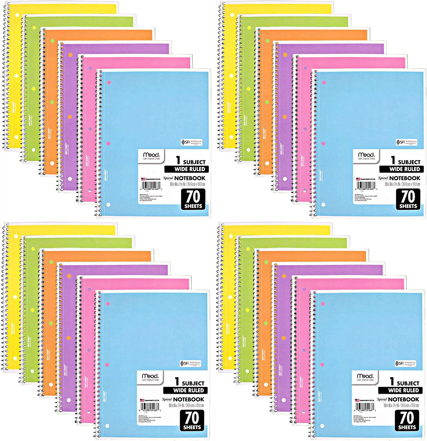 Mead Spiral Notebook, 24 Pack of 1-Subject Wide Ruled Spiral Bound Notebooks, Pastel Color Cute school Notebooks, 70 Pages