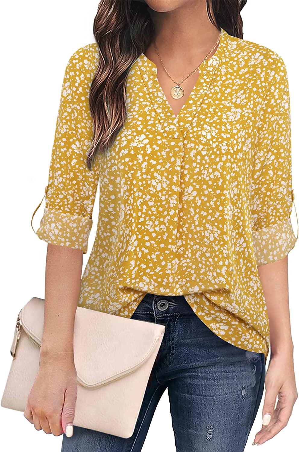 Timeson Women's Casual Chiffon V Neck 3/4 Sleeve Blouse Tops
