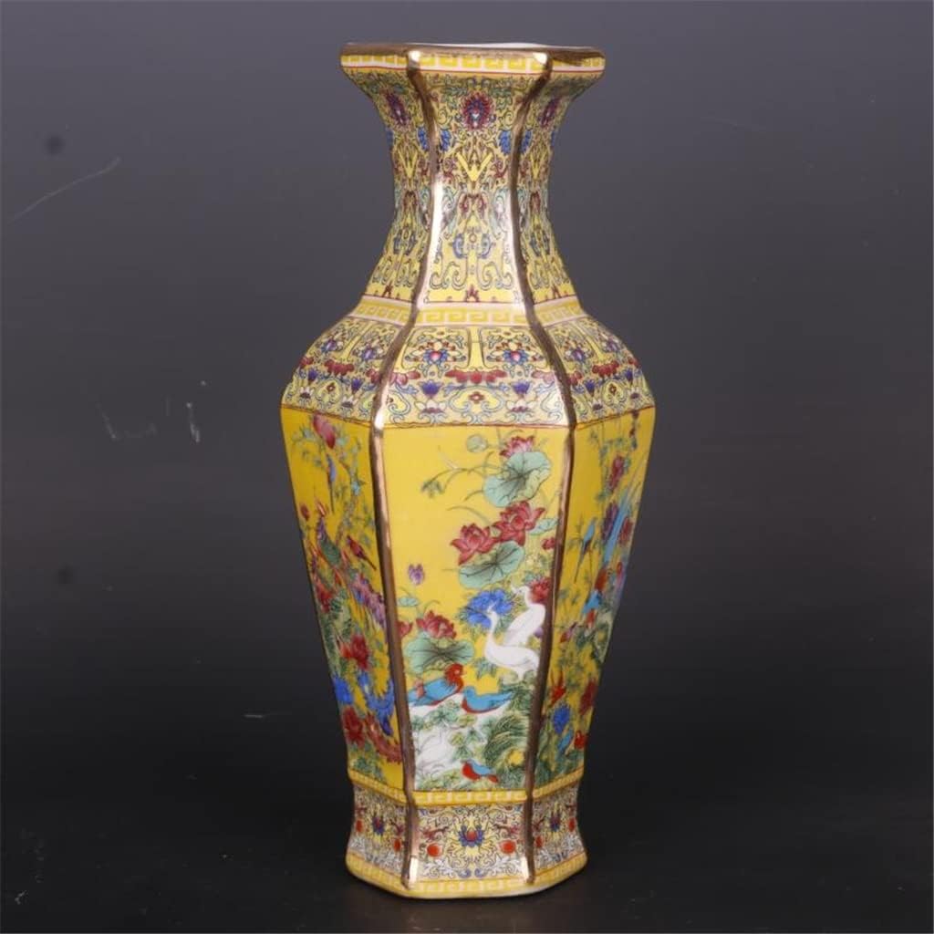 ZSEDP Jingdezhen Antique Enamel Hexagons Vase Yellow Flower and Bird Pattern Vase
