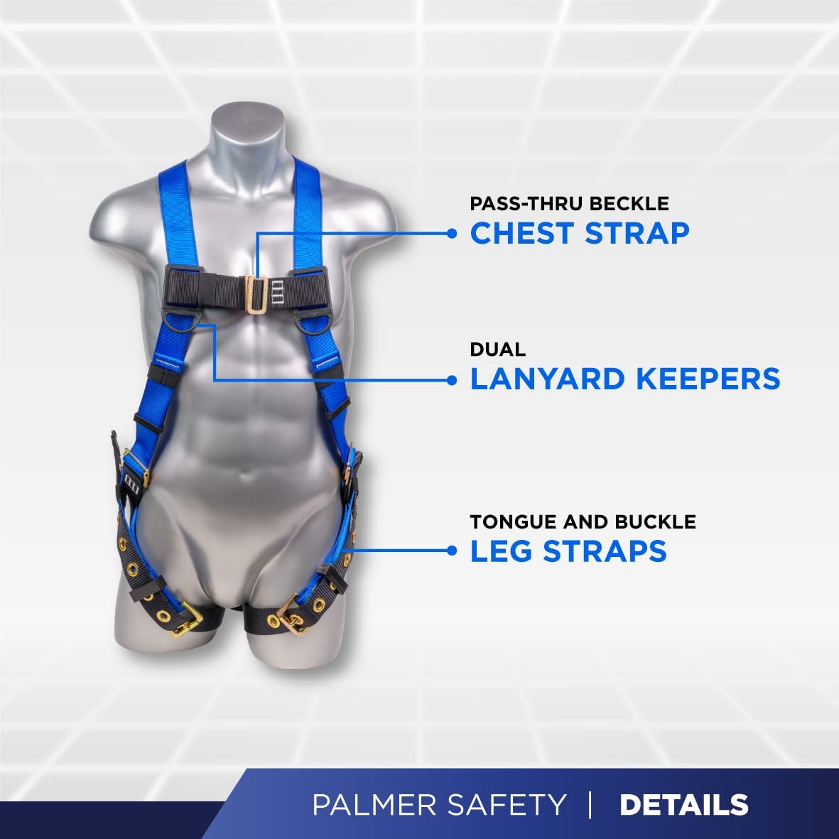 Palmer Safety Full Body Construction Harness with 5 Point Adjustment, Back D-Ring, Grommet Legs, and Fall Indicators I OSHA ANSI Roofing Tool Personal Equipment (Blue - Universal)