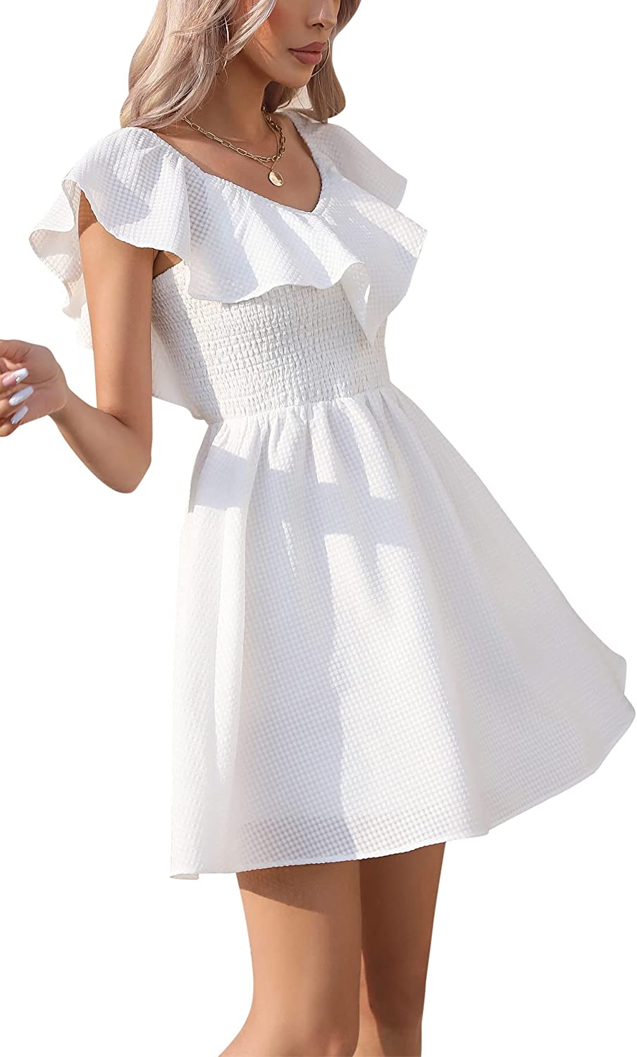 EXLURA Women's Summer Ruffle Casual Dress V Neck Lace A Line Backless Mini Dresses Flowy Wedding Guest Party Sundresses