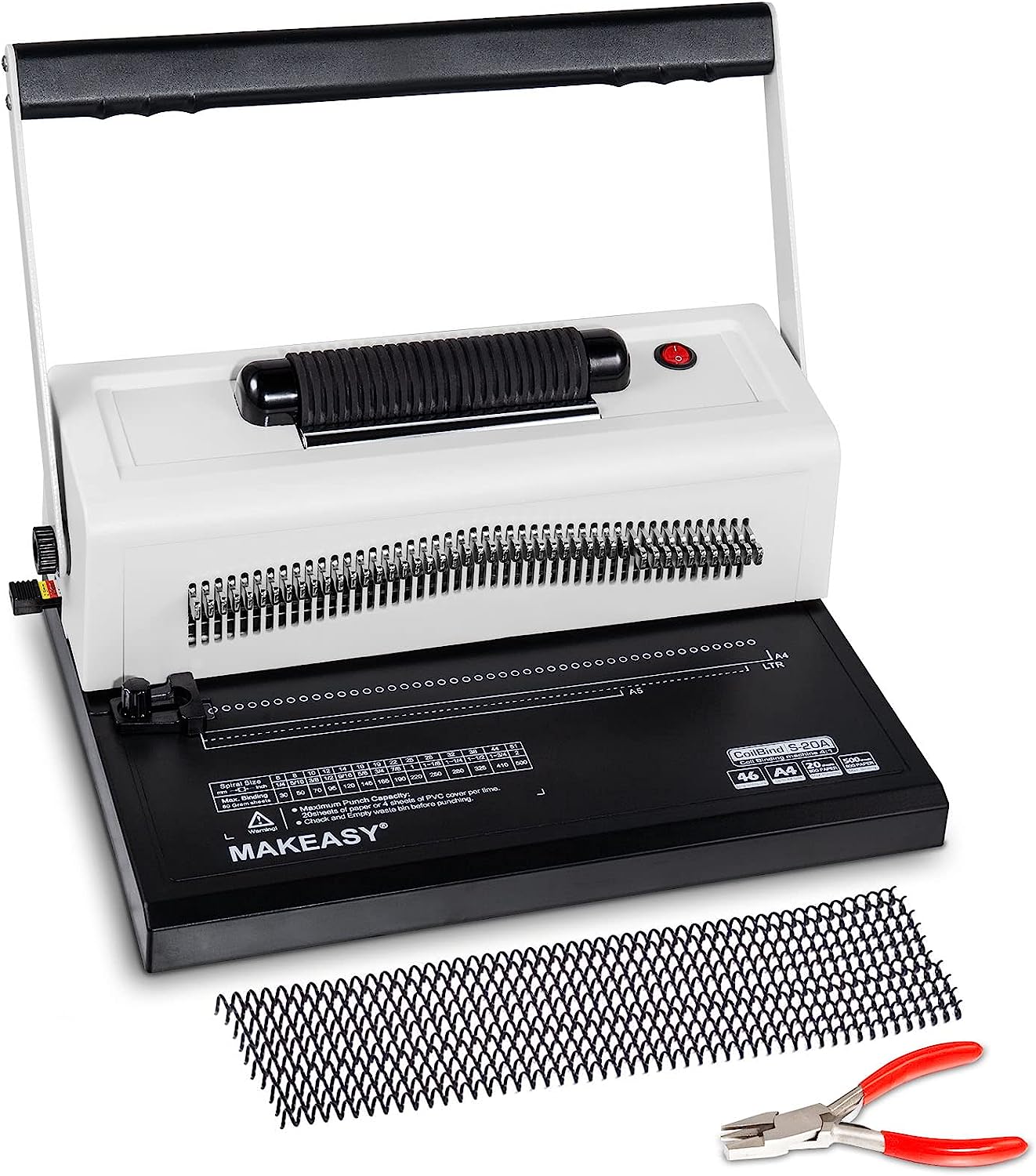 MAKEASY Spiral Coil Binding Machine for LTR/A4 - Disengaging Pins - 4 to 1 Pitch - 20 Sheet Punch Capacity - Electric Coil Inserter - Adjustable Side Margin, with Free 100pcs Coil Spines & Crimper