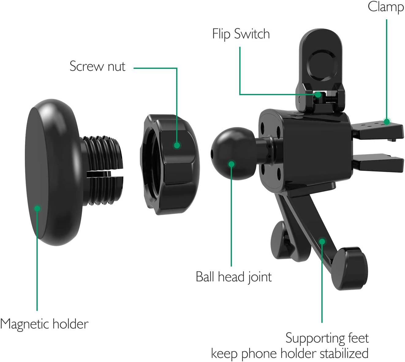 Amoner Car Phone Mount with 6 Powerful Rare-Earth Magnets, Durable Aluminium Alloy Structure, Super Sticky Suction Cup, Air Vent Phone Holder for All Phone