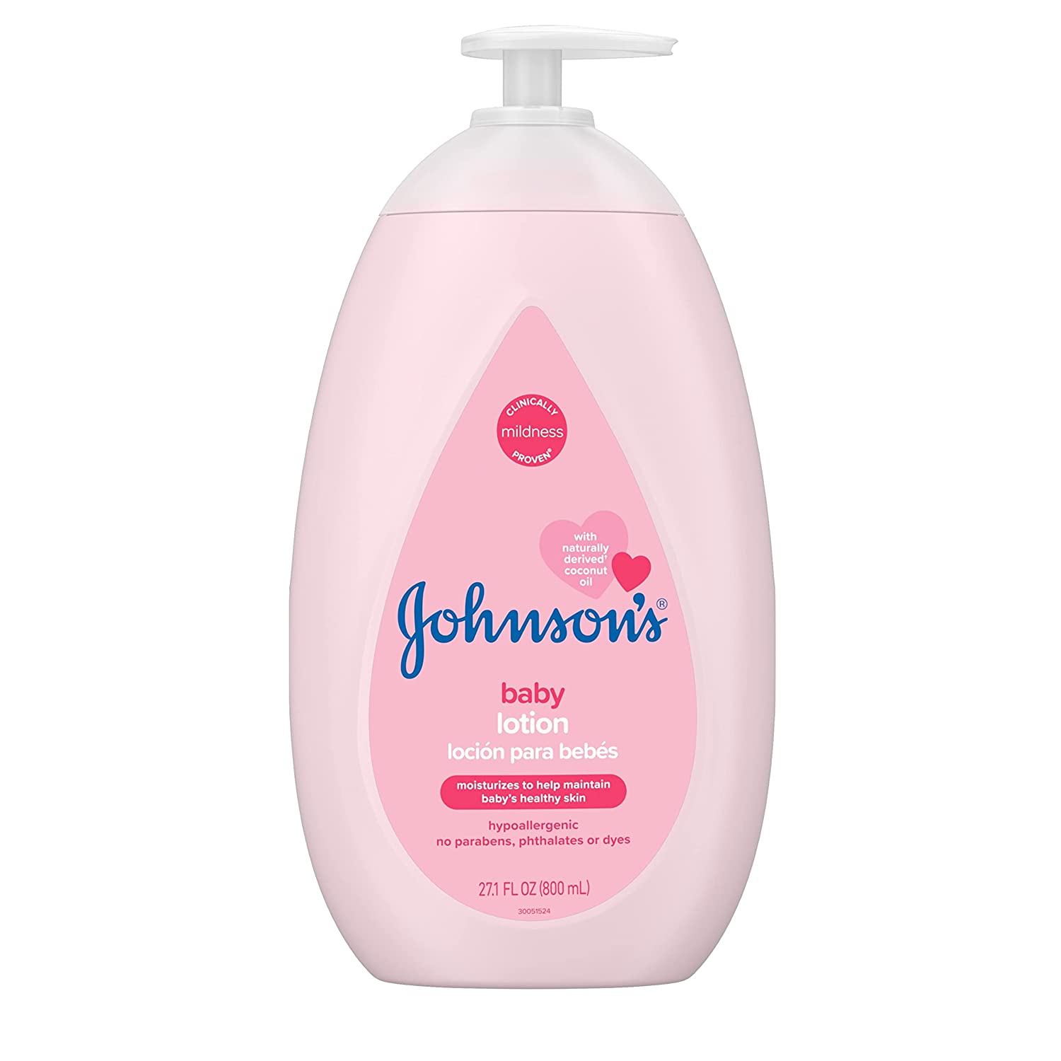 Johnson's Moisturizing Mild Pink Baby Lotion with Coconut Oil for Delicate Baby Skin, Paraben-, Phthalate- & Dye-Free, Hypoallergenic & Dermatologist-Tested, Baby Skin Care, 27.1 Fl. Oz