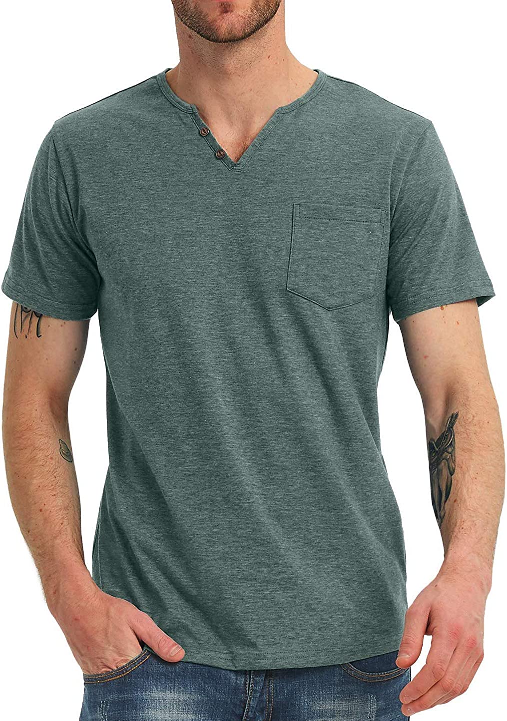 NITAGUT Men's Casual Slim Fit Long/Short Sleeve Pocket T-Shirts V Neck Tops