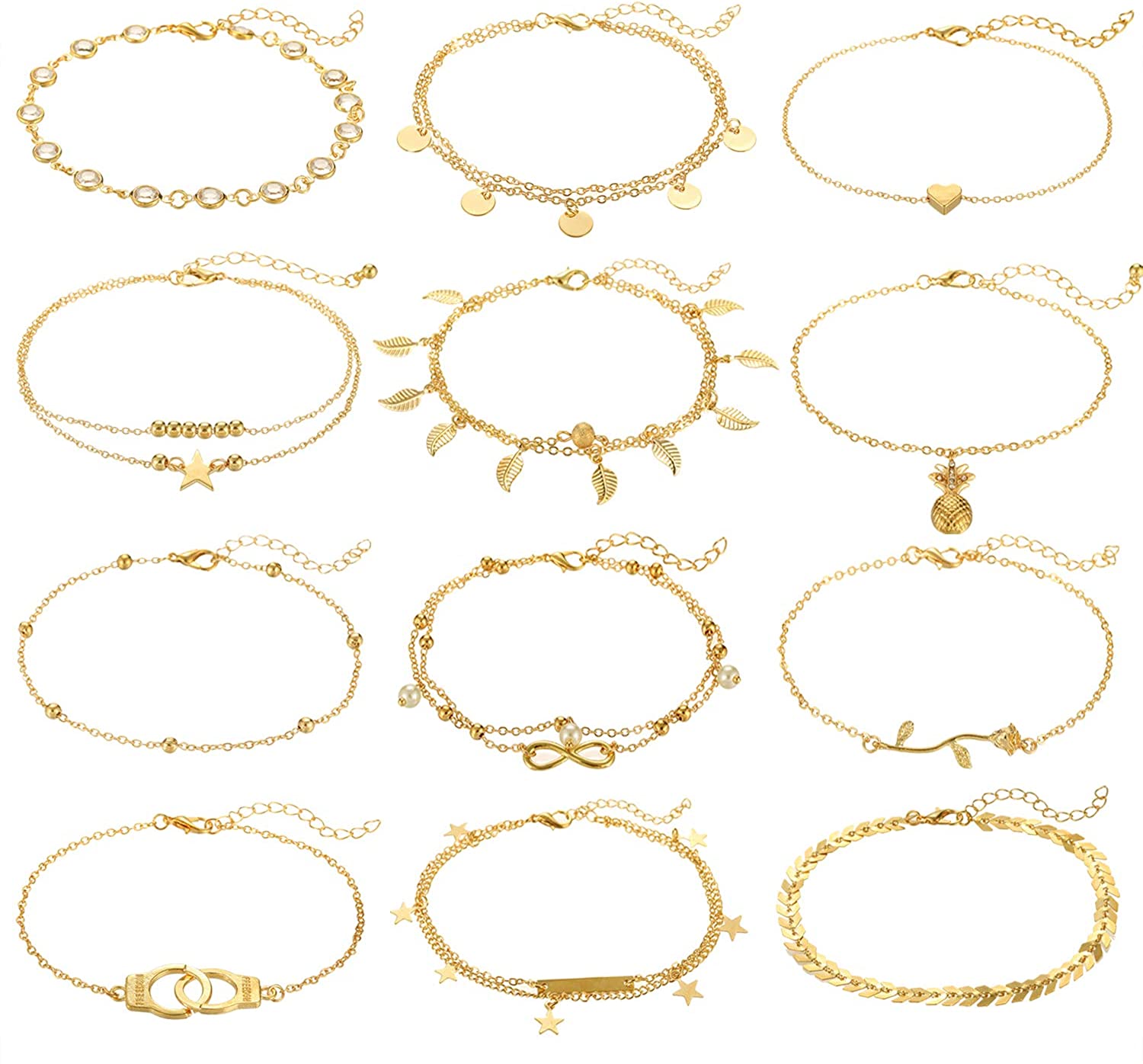 FUNEIA 12/16Pcs Anklets for Women Silver Gold Ankle Bracelets Set Boho Layered Beach Adjustable Chain Anklet Foot Jewelry