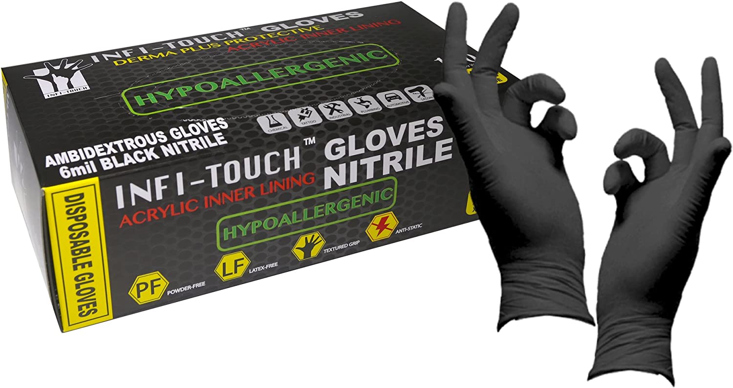 Infi-Touch - Black Nitrile Gloves, Hypoallergenic Co-polymer 6 Mill Thickness, Disposable Gloves, Powder Free, Non Sterile, Ambidextrous, Finger Tip Textured, Dispenser Pack of 100, Size Large.