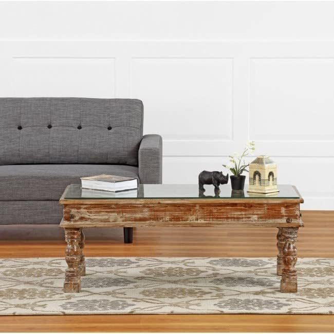 Emboss Antique Brass Work Solid Wood Window Panel Coffee Table Whitewash Coffee Table Indian Wooden Hand Carved Coffee Table Opel Coffee Table