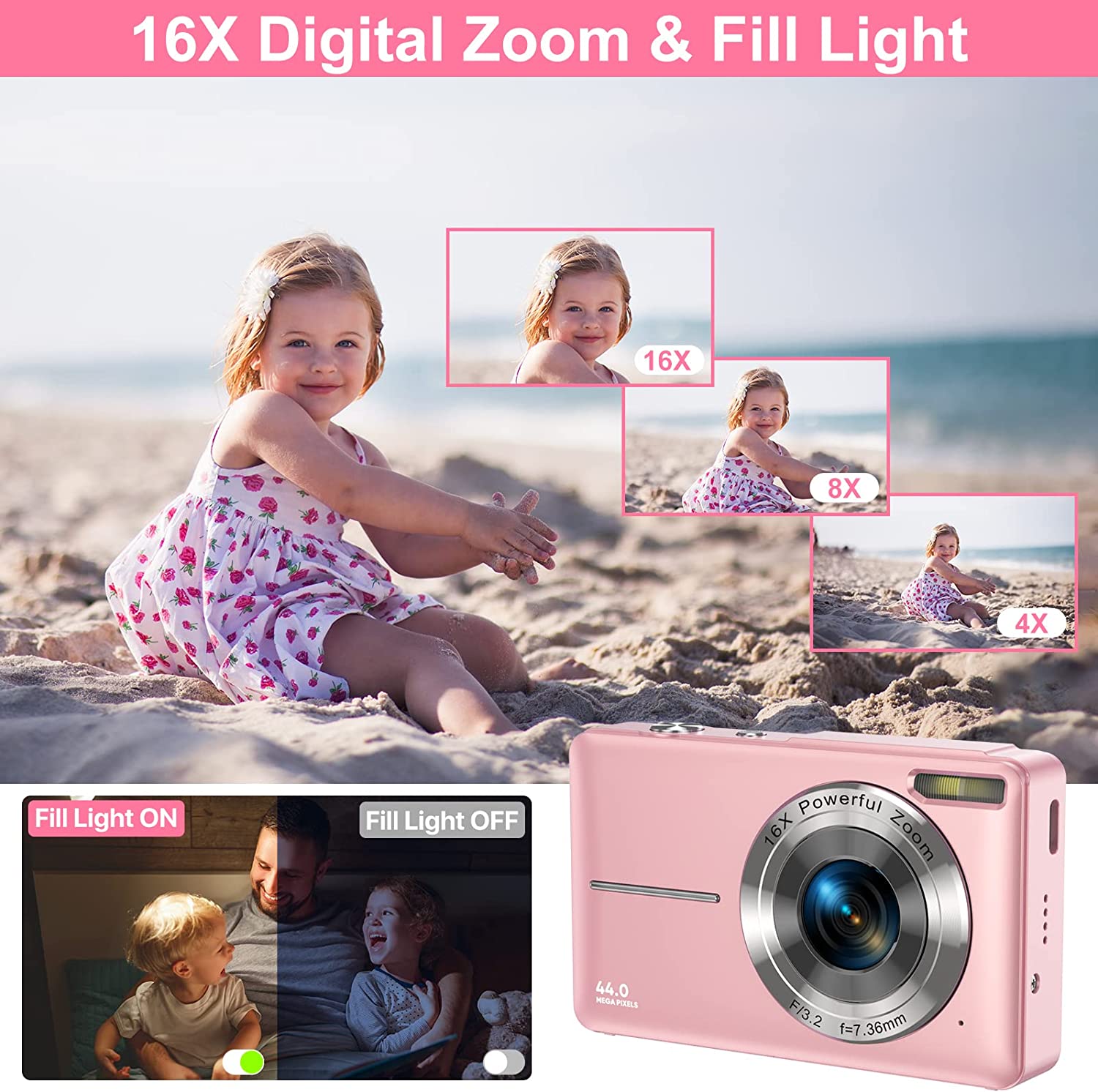 Digital Camera, Kids Camera with 32GB Card FHD 1080P 44MP Vlogging Camera with LCD Screen 16X Zoom Compact Portable Mini Rechargeable Camera Gifts for Students Teens Adults Girls Boys-Pink