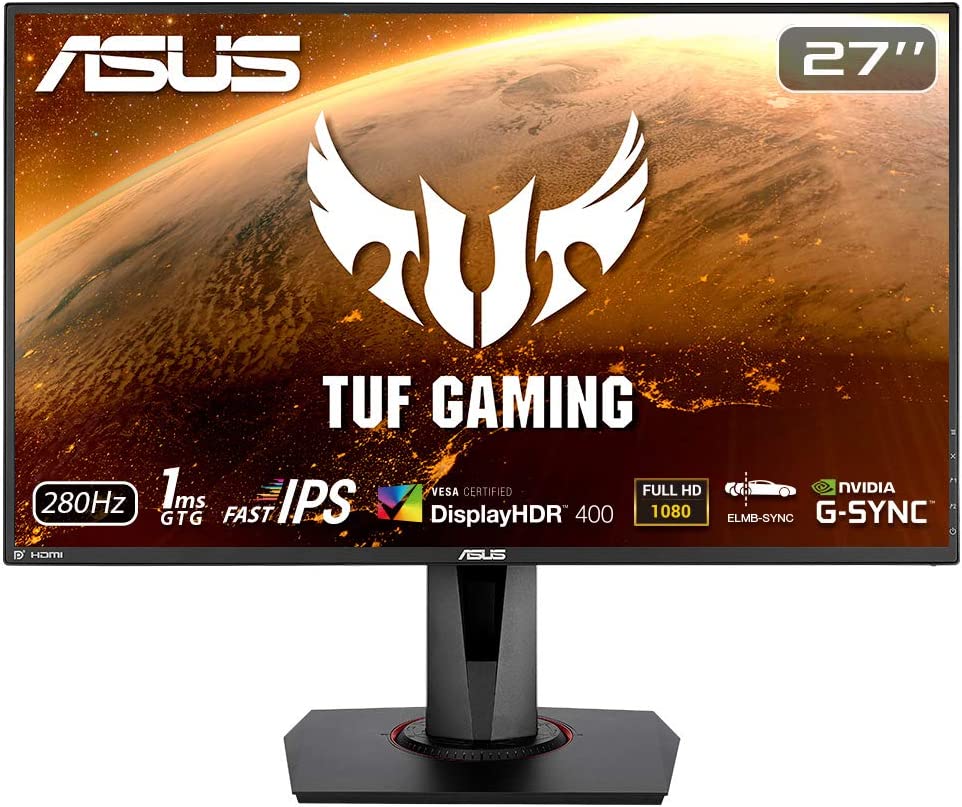 ASUS TUF Gaming VG279QM 27” HDR Monitor, 1080P Full HD (1920 x 1080), Fast IPS, 280Hz, G-SYNC Compatible, Extreme Low Motion Blur Sync (ELMB SYNC), 1ms, DisplayHDR 400,, BLACK
