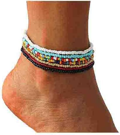 VFlowee Boho Handmade Beaded African Anklets Multicolor Women Stretch Seed Beads Rainbow Ankle Bracelets Glass Bead Bracelet Elastic Foot and Hand Chain Jewelry