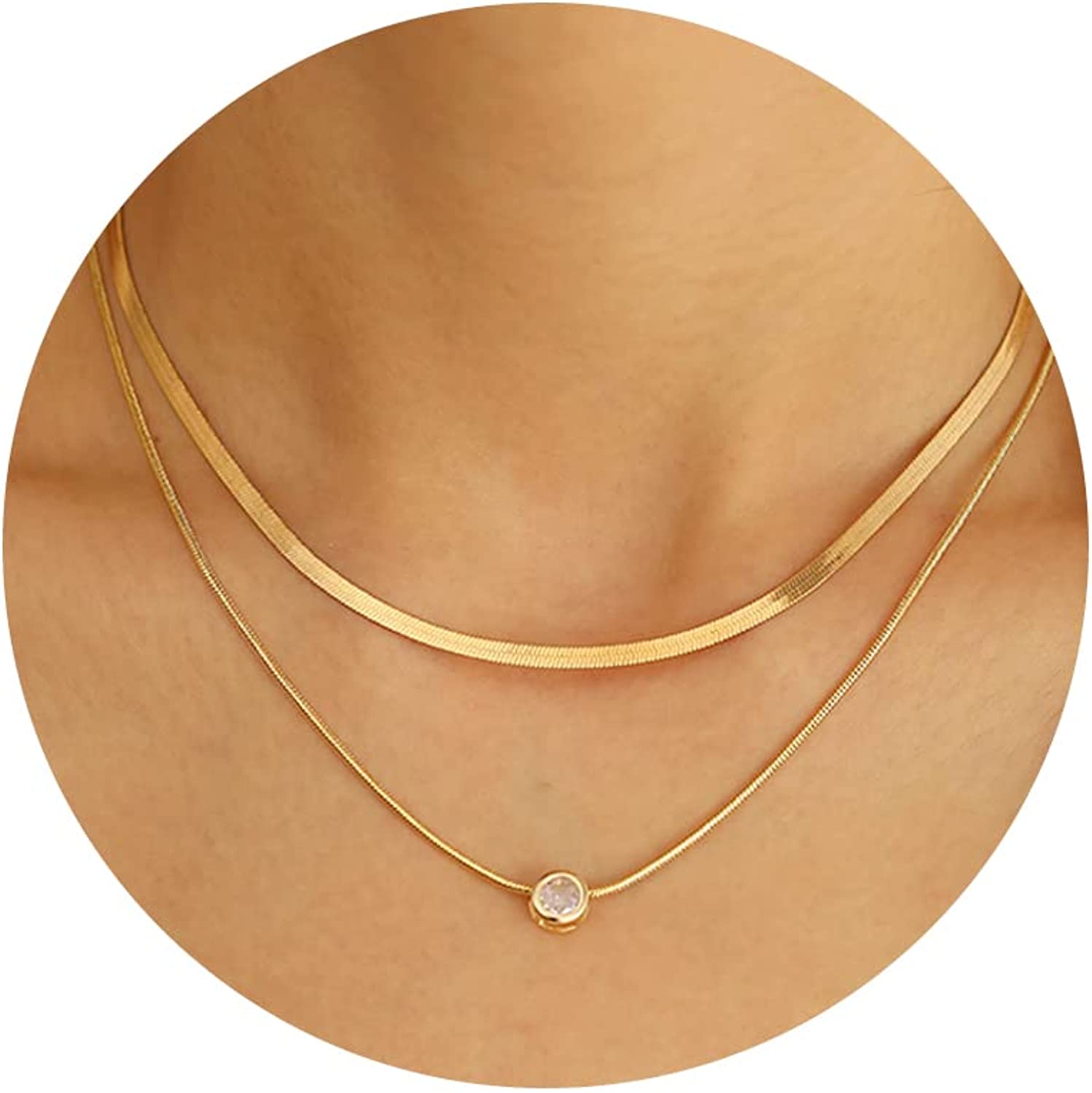 17 MILE Gold Layered Choker Necklace for Women Girls, 14K Real Gold Plated CZ Pendant Necklace, Dainty Flat Snake Chain Layering Necklace for Gift