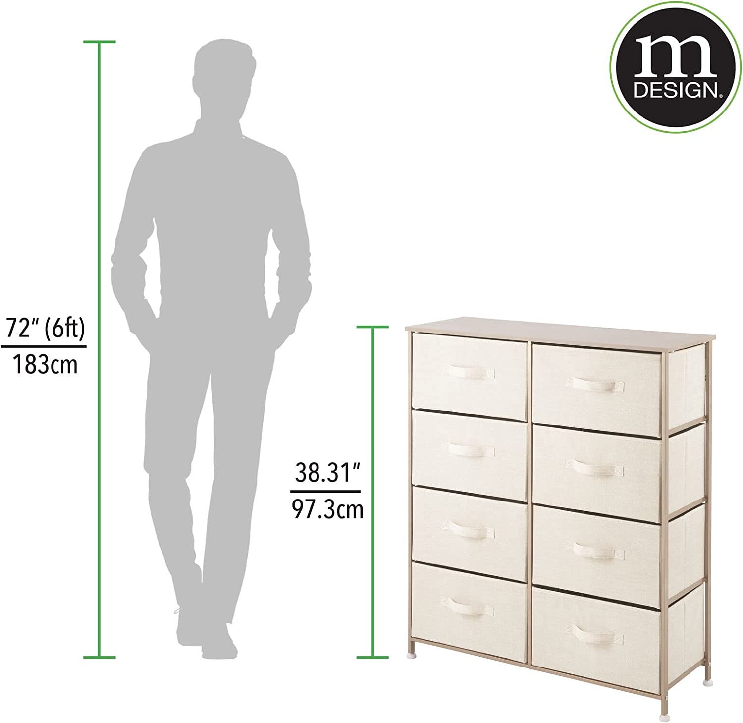 mDesign Large Steel Frame/Wood Top Storage Dresser Furniture Unit with 8 Removable Fabric Drawers， Large Bureau Organizer for Bedroom， Living Room， Closet - Lido Collection， Cream/Gold