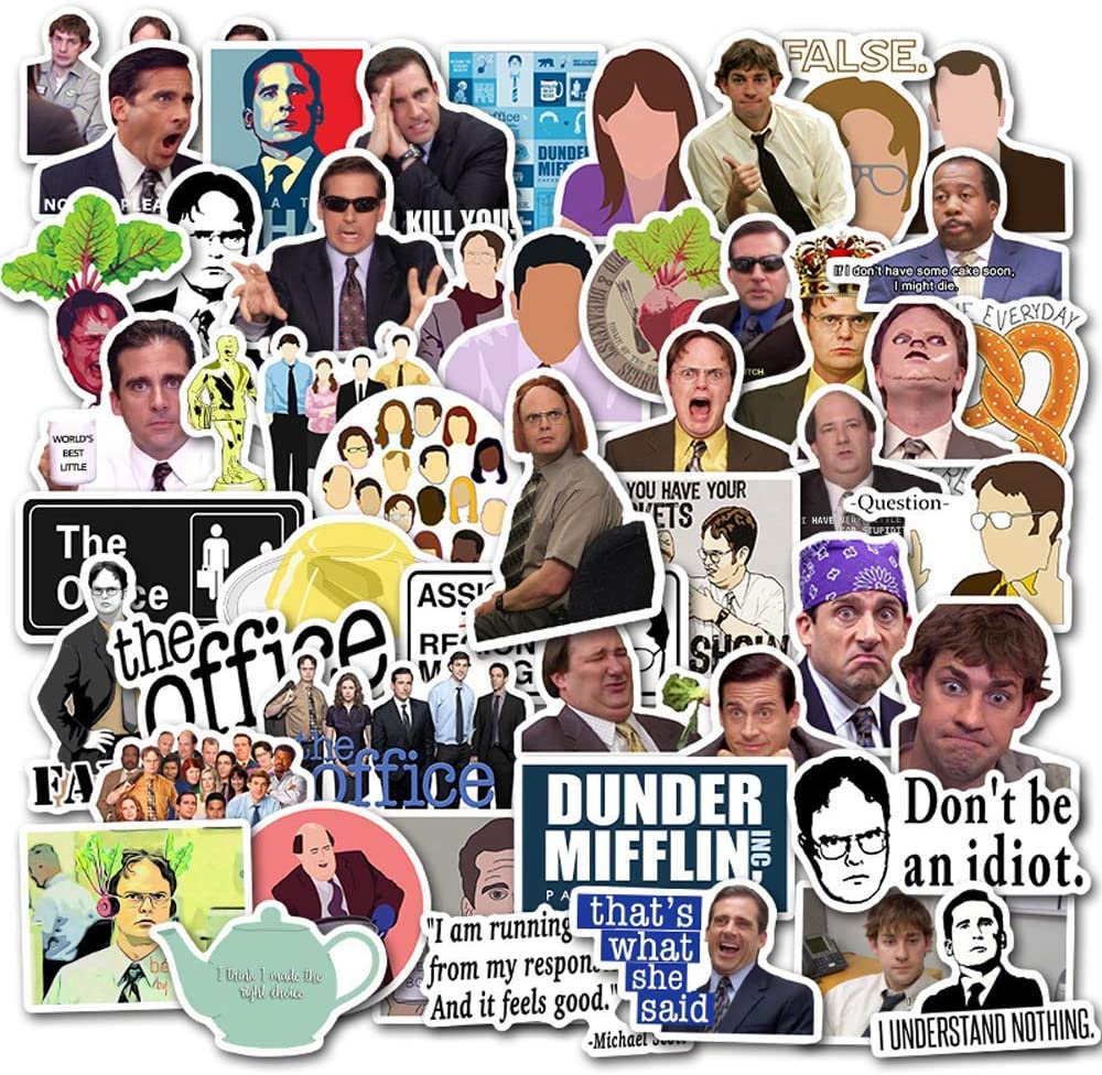 50pcs Pack The Office Stickers Merchandise, Funny Quote Vinyl Waterproof Decals with Mike Michael Dwight Schrute Jim Dunder Mifflin for Water Bottle Laptop Hydroflask Computer Guitar Bike Car Party