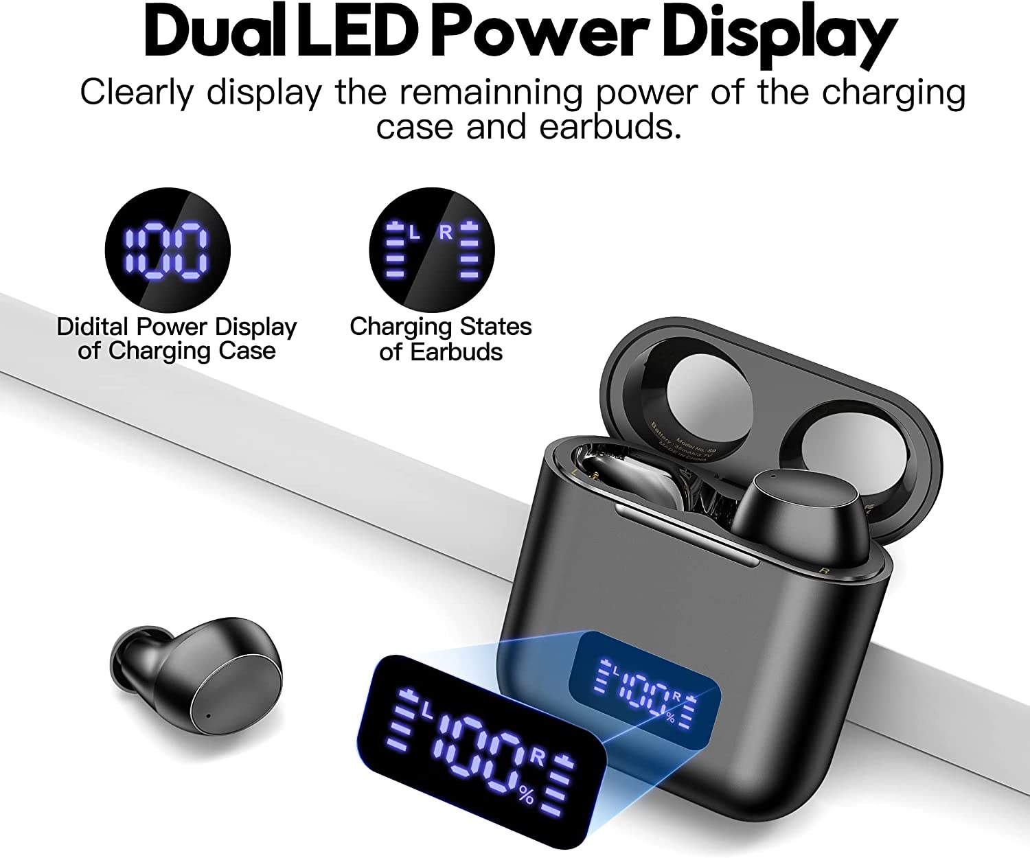 kurdene Wireless Earbuds, Bluetooth Ear Buds with Wireless Charging Case LED Power Display Light-Weight Premium Deep Bass Stereo in-Ear Earphones Built-in Mic 40 hrs Play Time-Black