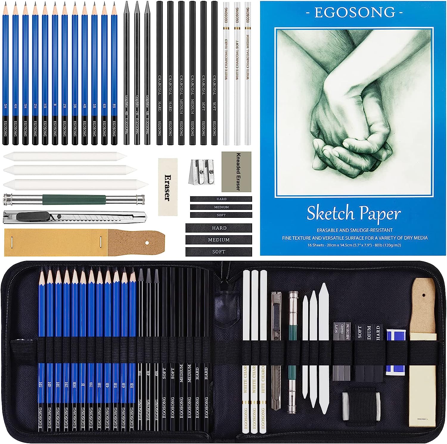 EGOSONG 41 Pack Professional Art Supplies – Graphite/Charcoal Pencils Art Set – All in One Drawing Tools Sketching Art Kit with Sketchbook – Portable Travel Drawing Kit for Adults Beginners & Artists