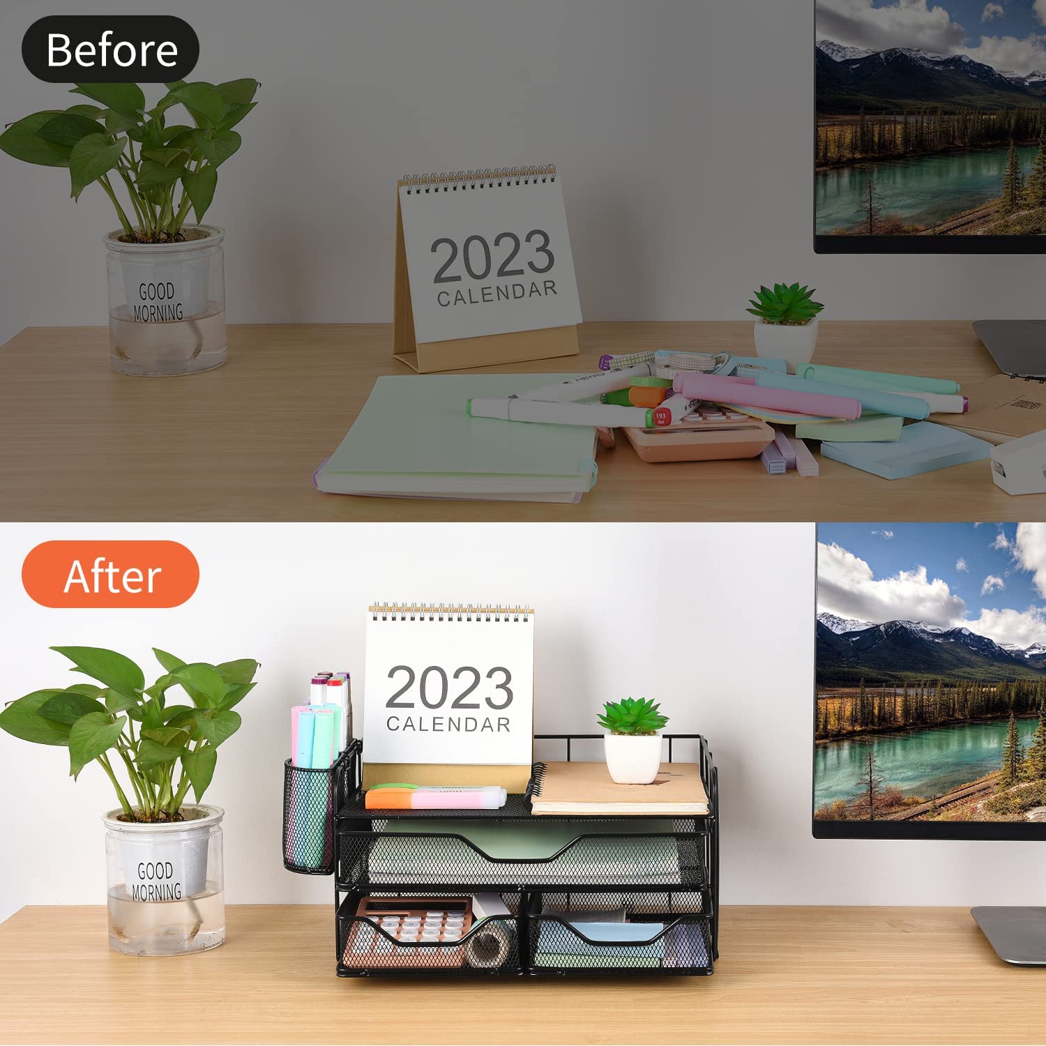 gianotter Desk Organizers and Accessories, Office Supplies Desktop Organizer with Drawers and 2 Pen Holder, Desk accessories & workspace organizers (Black)