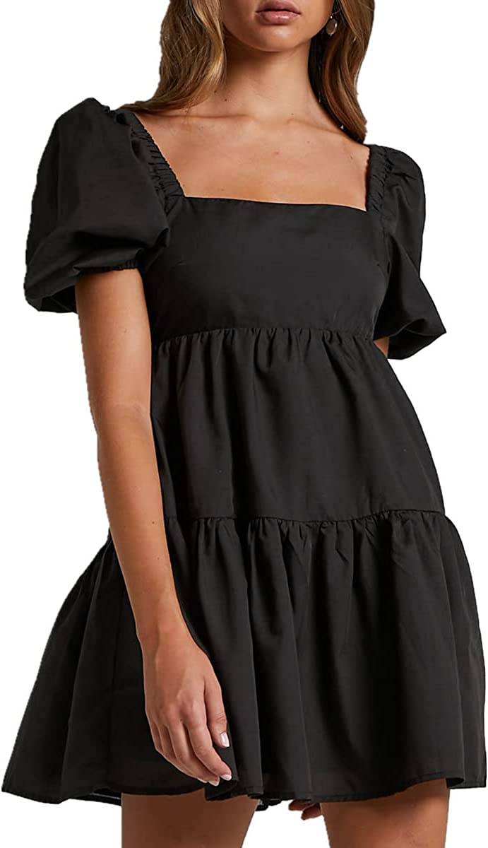 OWNGIGI Womens Square Neck Lantern Sleeve Dress High Waisted Tie Back Casual A-Line Mini Dress