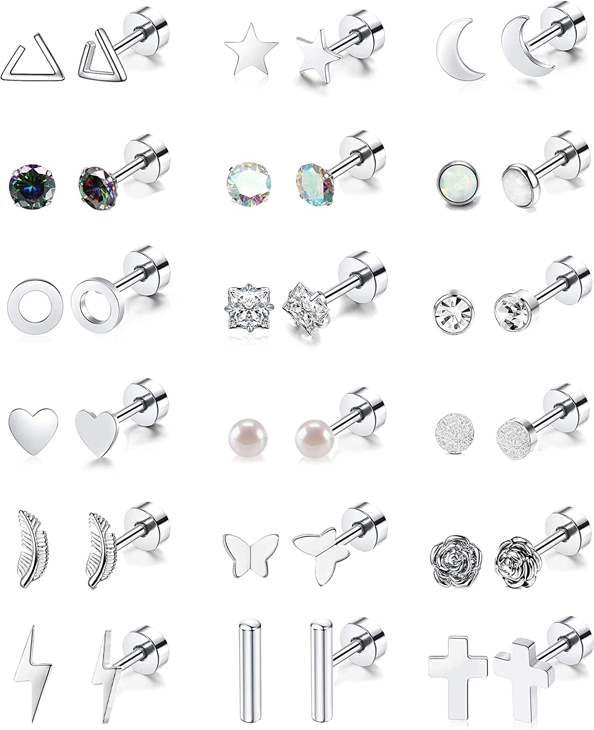 18 Pairs Stainless Steel Stud Earrings Set for Women Men Star Moon flower Heart Leaf Opal 20G Cartilage Earrings Hypoallergenic Flatback Earrings Piercing Jewelry