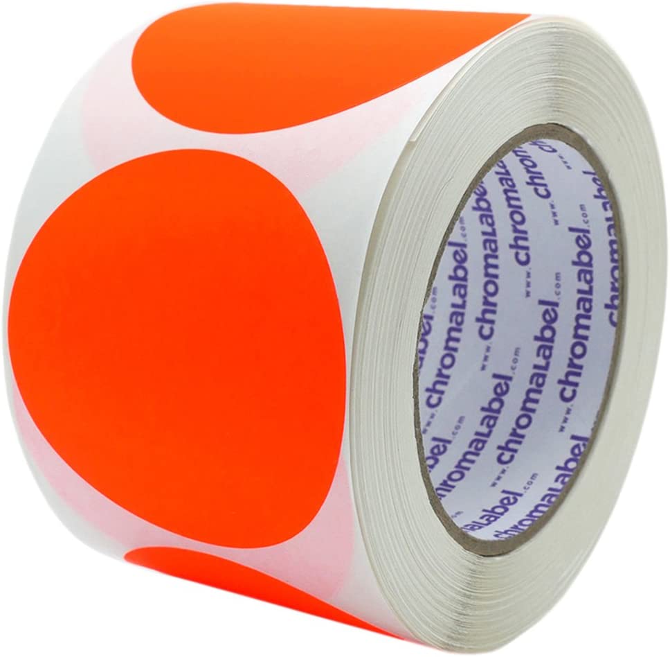 ChromaLabel 3 Inch Round Label Removable Color Code Dot Stickers, High Visibility for Warehouse Inventory, 500 Labels per Roll, Fluorescent Red-Orange