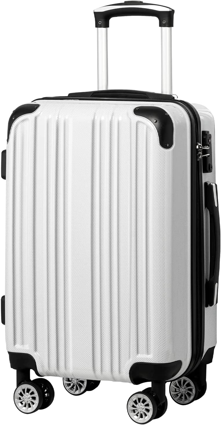 Coolife Luggage Expandable(only 28") Suitcase PC+ABS Spinner 20in 24in 28in Carry on (white grid new, S(20in)_carry on)