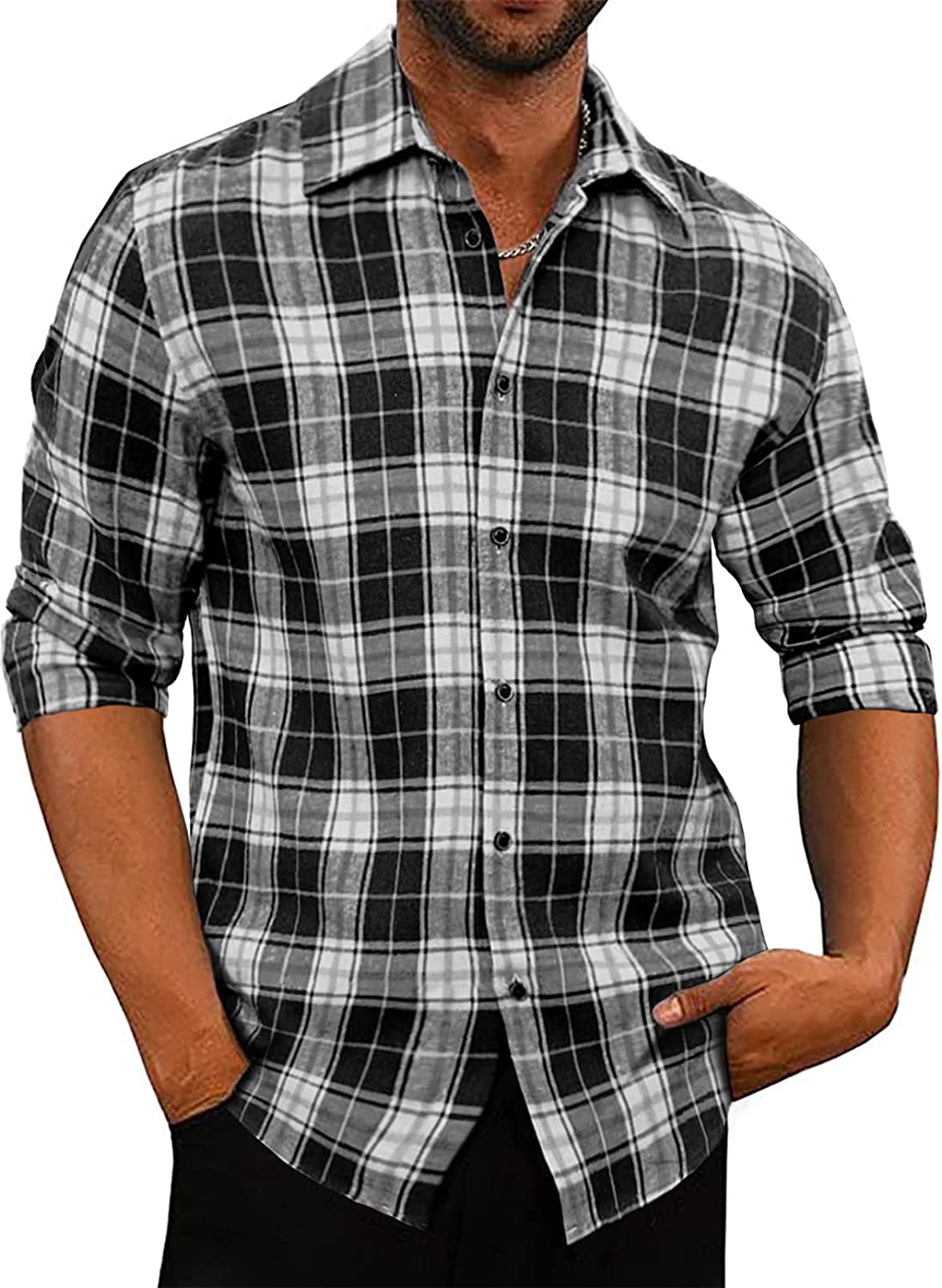 JMIERR Mens Long Sleeve Button-Down Plaid Shirts Casual Cotton Flannel Shirt