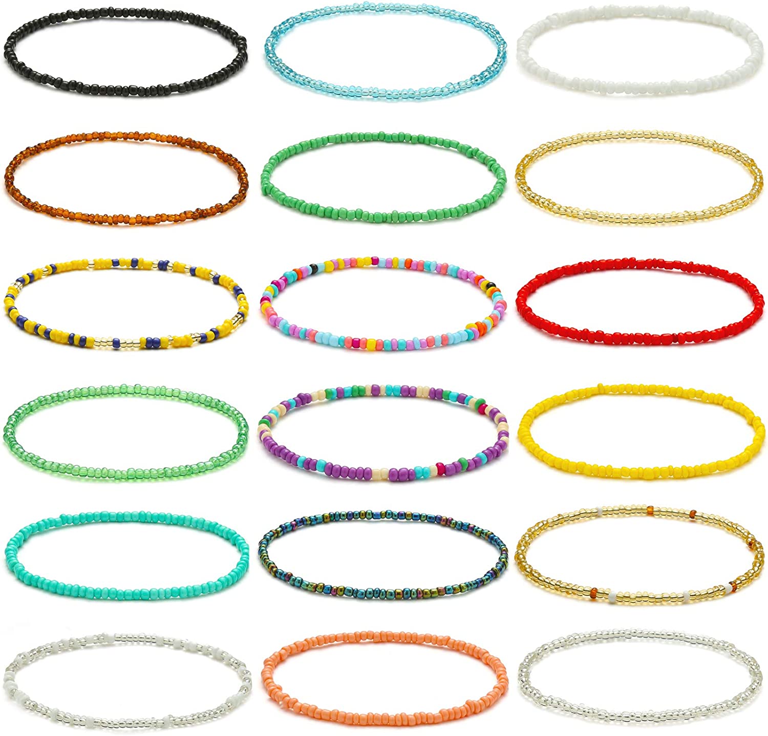 XIJIN 18 Pieces Elastic Beaded Anklets for Women Girls Handmade Beach Boho Colorful Beads Ankle Bracelets Set
