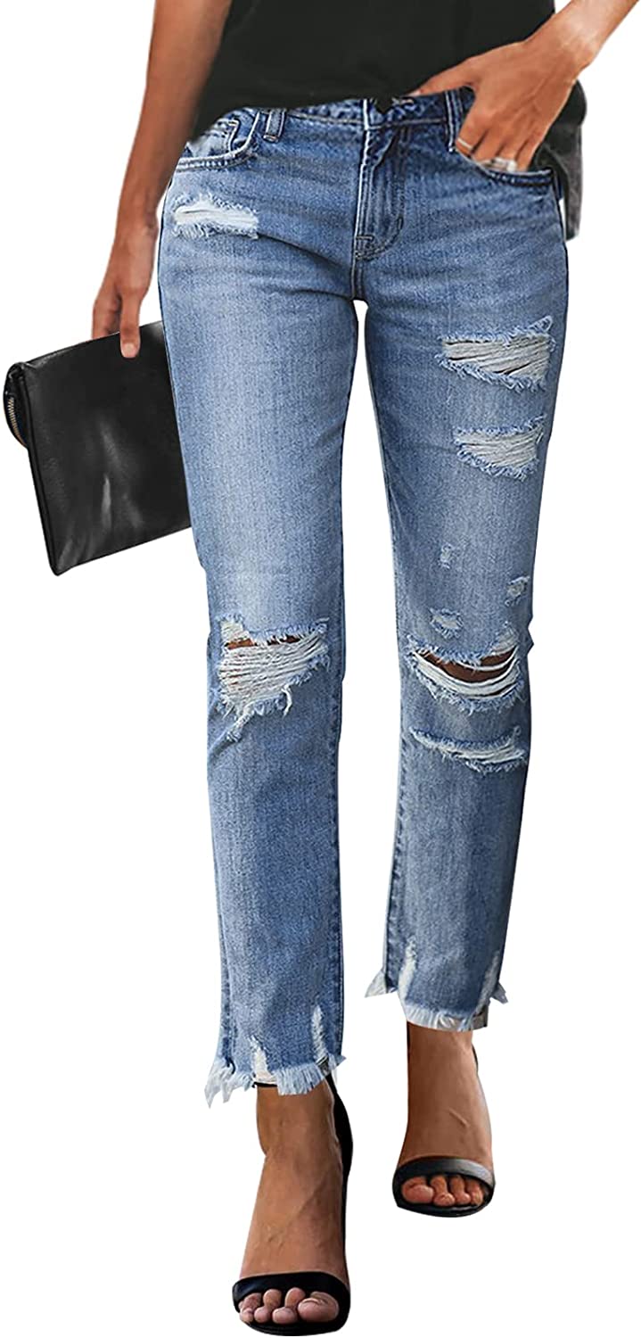 KUNMI Women's Ripped Boyfriend Slim Fit Jeans Frayed Distressed Stretchy Denim Pants