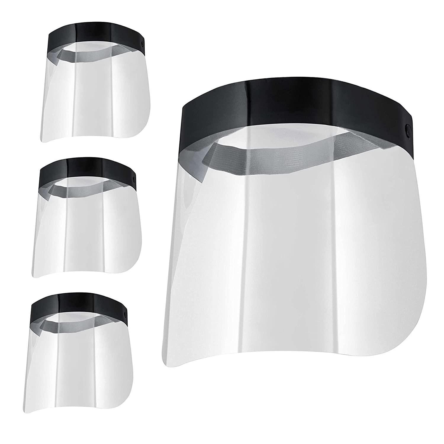 Salon World Safety Black Face Shields - Ultra Clear Protective Full Face Shields to Protect Eyes, Nose and Mouth - Anti-Fog PET Plastic, Elastic Headband - Sanitary Droplet Splash Guard (Pack of 4)