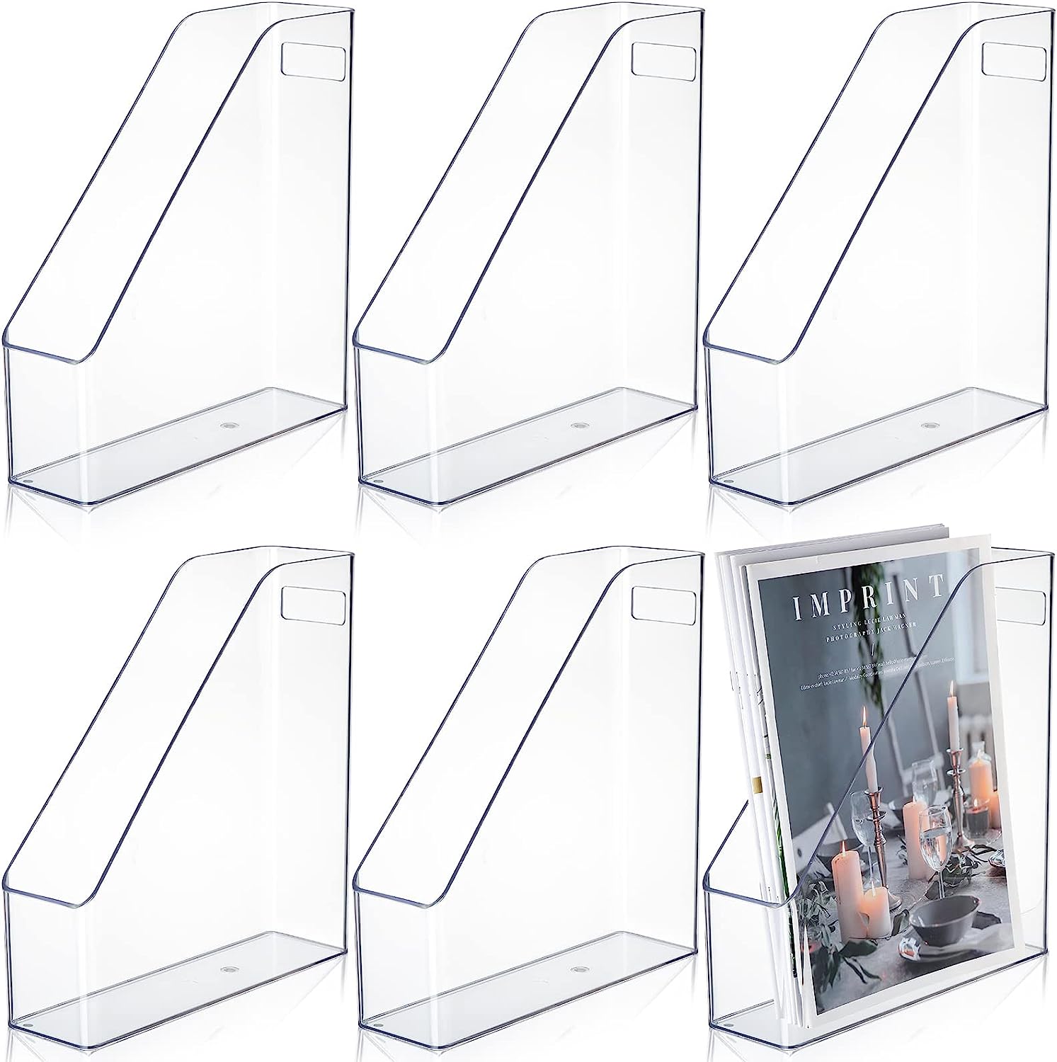 6 Pieces Clear Acrylic Magazine File Holder Plastic Desk Organizer with Handle Basics Vertical Magazine Rack Desk Folder Document Storage Organizer for Office Home School Work Study Desktop Supplies