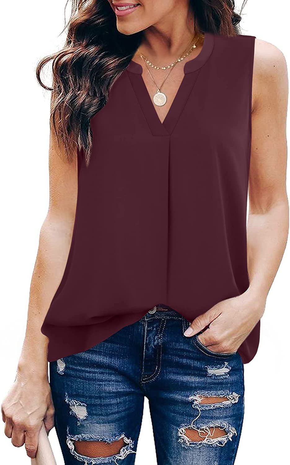 Timeson Women's Chiffon V Neck Sleeveless Blouse Tops Office Work Shirts