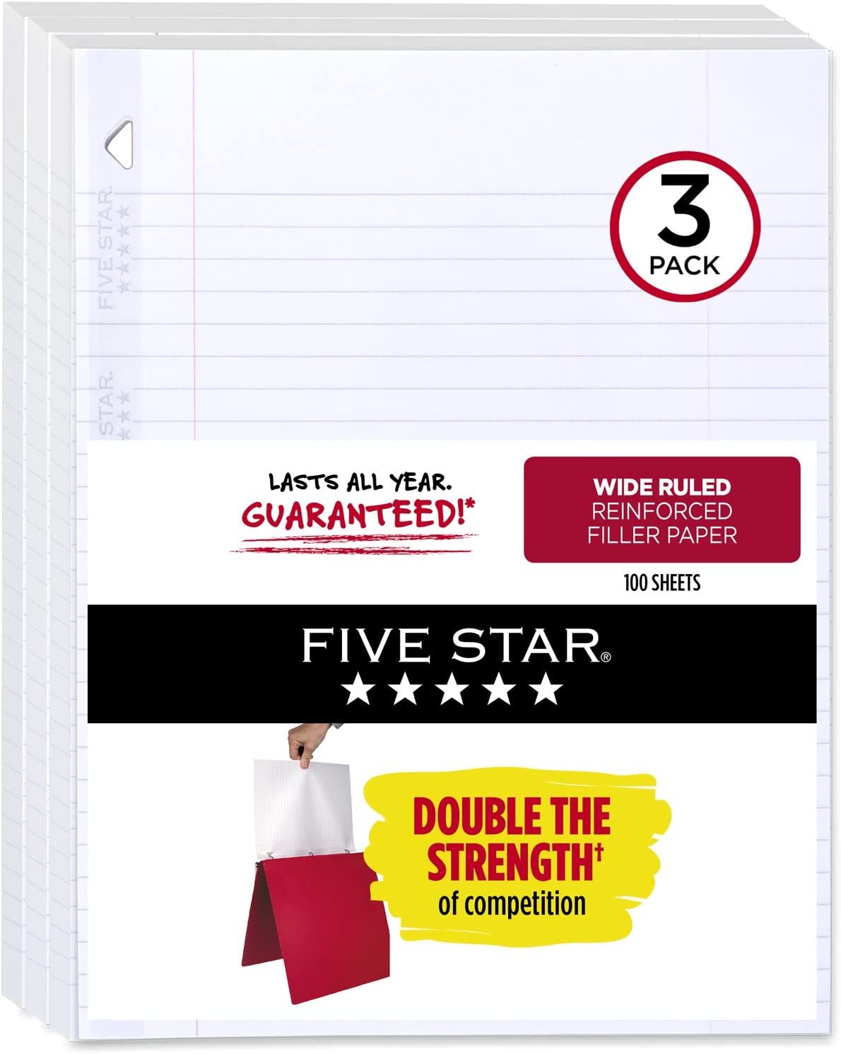 Five Star Loose Leaf Paper, 3 Pack, 3 Hole Punched, Reinforced Filler Paper, Wide Ruled Paper, 10-1/2" x 8", 100 Sheets/Pack (38033)