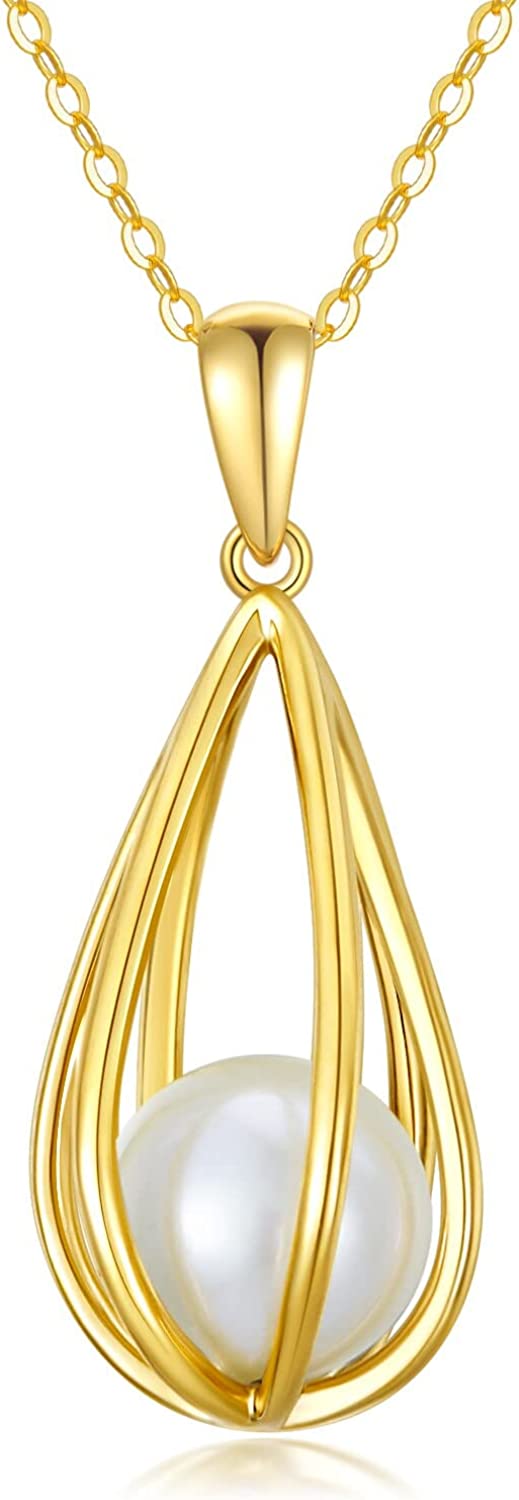 FENCCI Love Embrace Pearl Necklace, 14K Real Gold Pearl Necklace for Women Freshwater Pearl Pendant Mothers Day Birthday Pearl Jewelry Gifts for Mom Wife and Her, 16+2 Inches