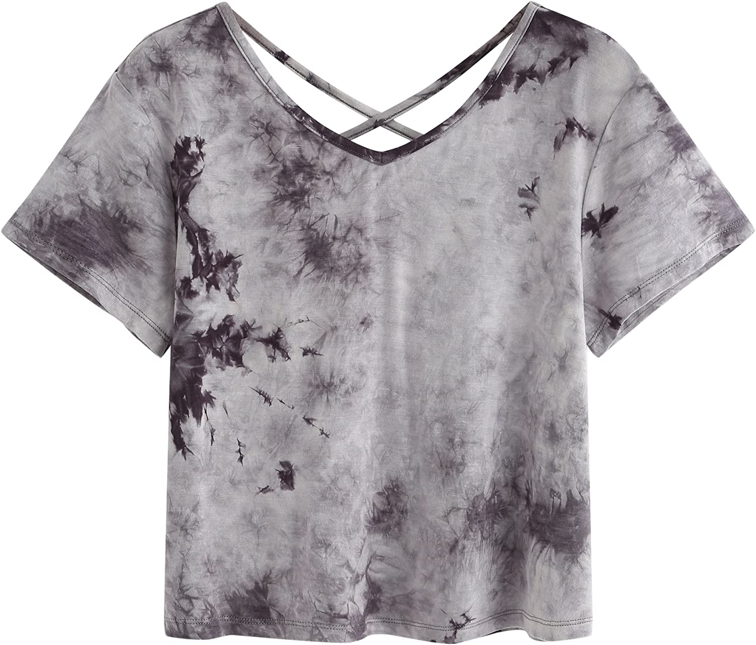 SweatyRocks Women's Tie Dye Criss Cross Back Short Sleeve Crop Summer T Shirt