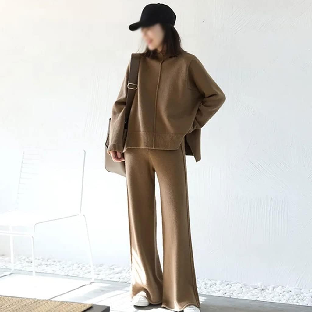 Walnut Age-reducing Thin Knitted Suit Women's Slit Sweater Wide-Leg Pants Autumn and Winter Two-Piece Set (Color : D, Size : L Code)