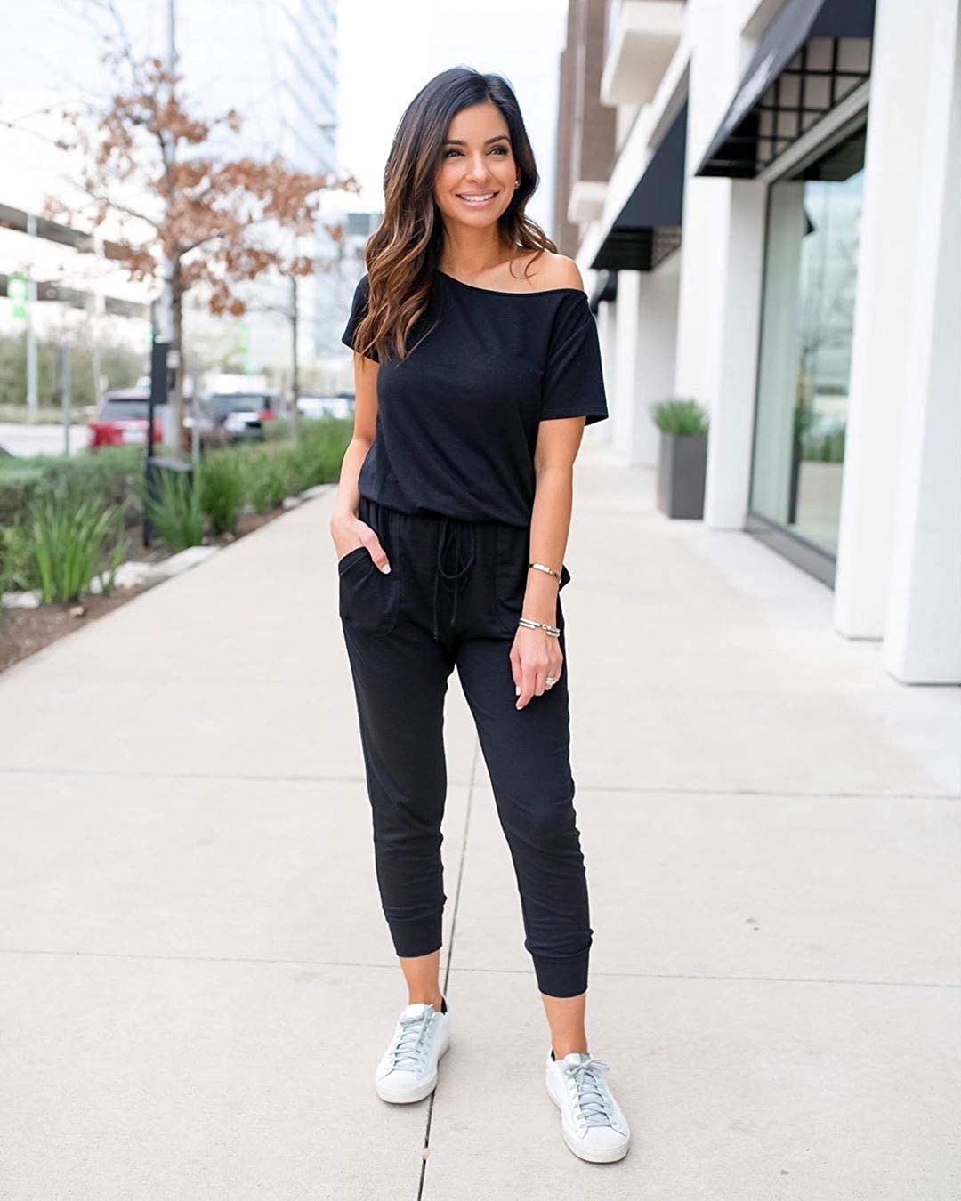 PRETTYGARDEN Women's Loose Solid Off Shoulder Elastic Waist Stretchy Long Romper Jumpsuit