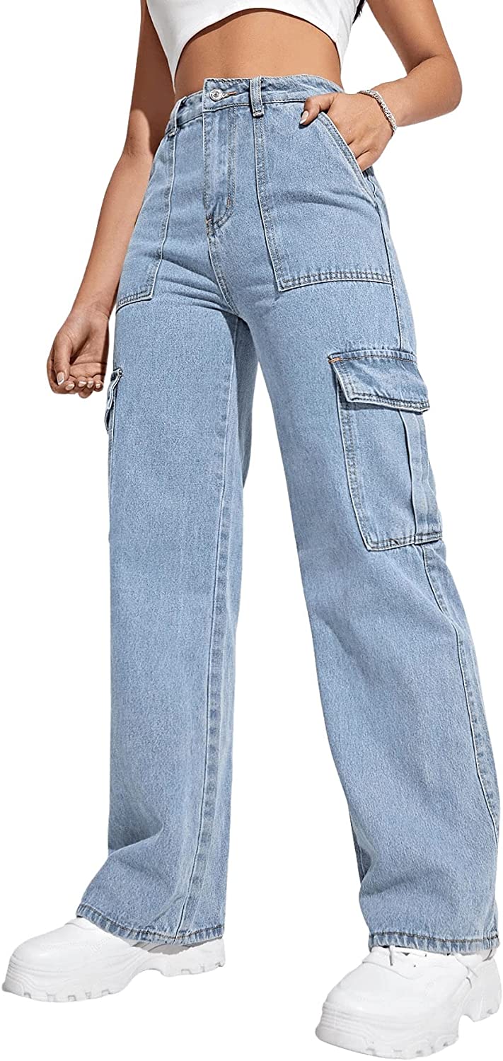 SweatyRocks Women's High Waist Cargo Jeans Flap Pocket Wide Leg Denim Pants