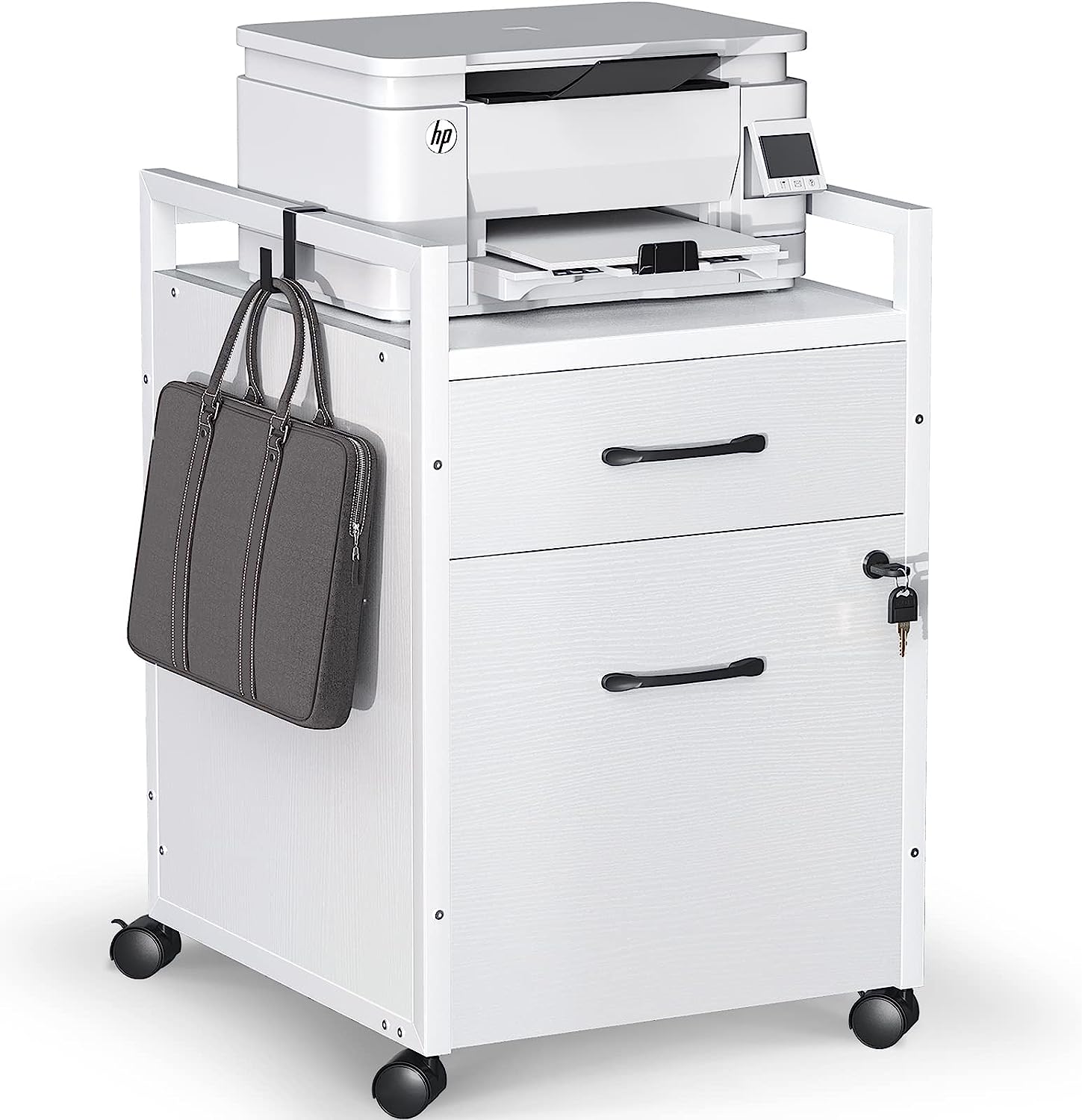ODK File Cabinet with 2 Drawers, Mobile Office Cabinet with Lock on Wheels, Rolling Office Printer Stand Filing Cabinet for A4, Letter Sized Document with Iron Hook, White