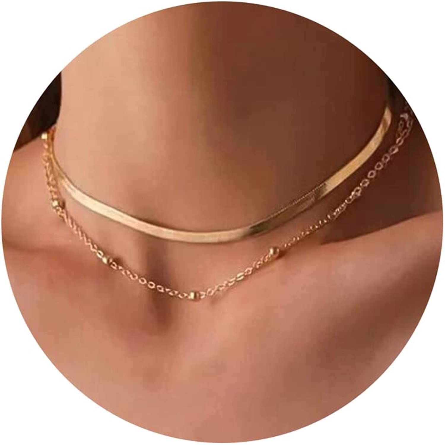 Tewiky Herringbone Necklace for Women Dainty 14k Gold Snake Chain Necklace Layered Gold Herringbone Double Flat Snake Chain Choker Necklace Thin Chunky Chain Necklace Gift for Her