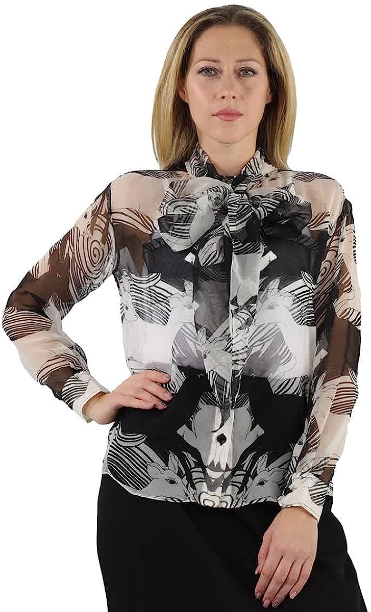 BURBERRY Ladies Monochrome Deer Print Silk Chiffon Pussy-Bow Blouse, Brand Size 12 (US Size 10)