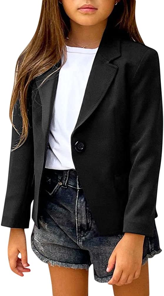 Girls Solid Color Lapel Suit Coat Button Down Long Seelve Blazer Jacket