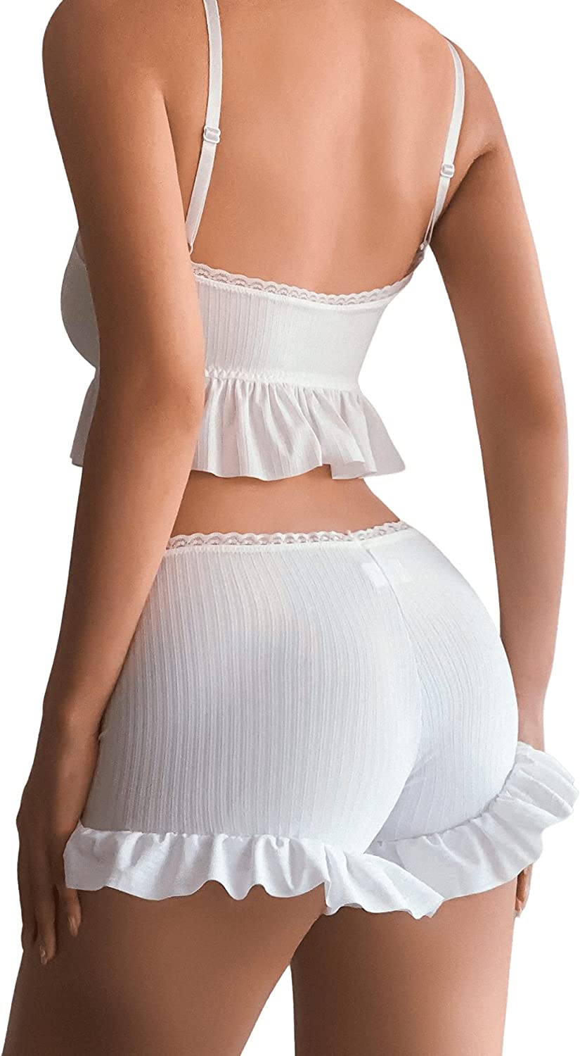 SweatyRocks Women's 2 Piece Lingerie Set Ruffle Trim Tie Front Cami Top and Shorts Sleepwear