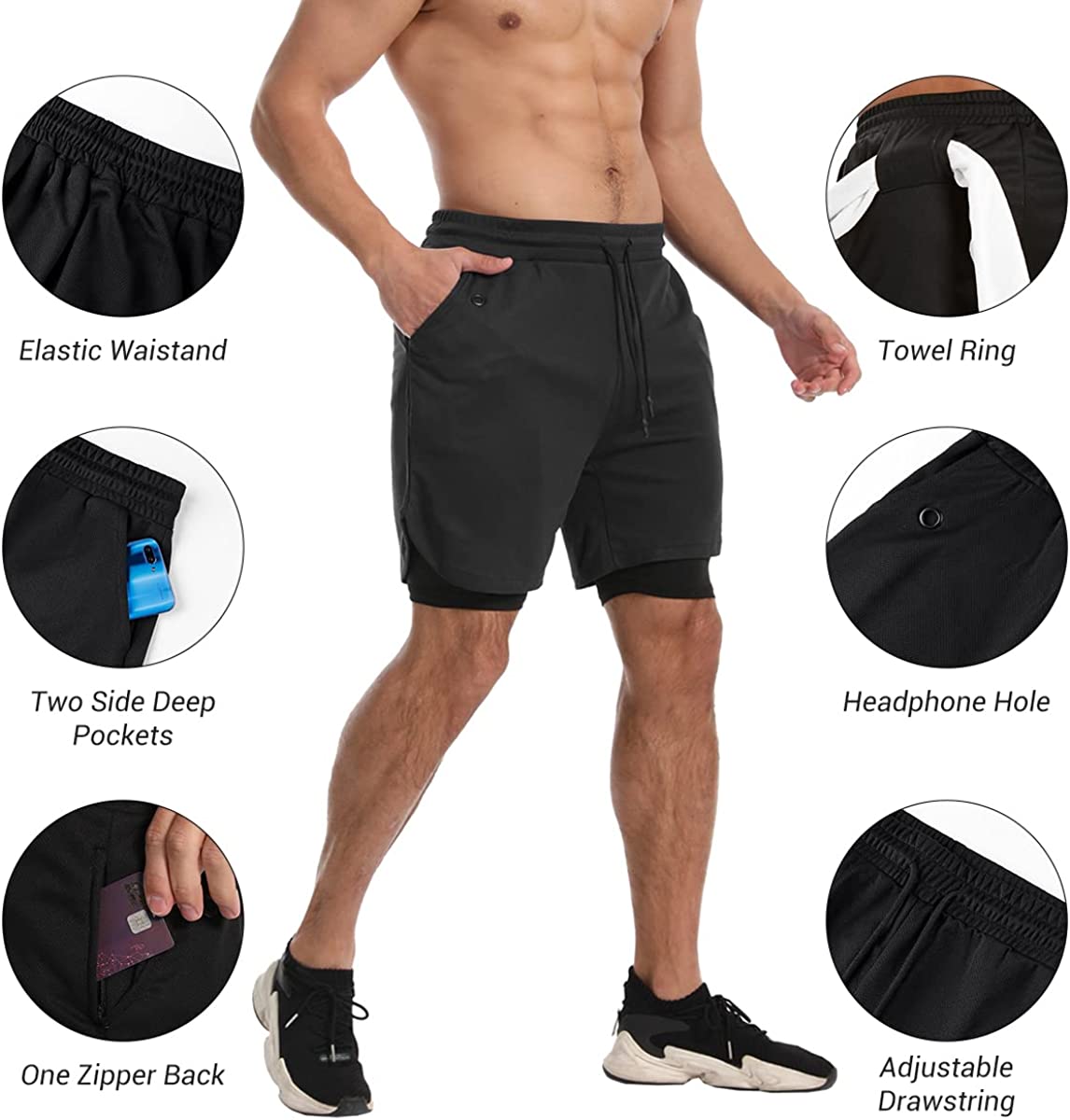 KLINNFENR Mens 2 in 1 Gym Running Shorts 7 inch Athletic Workout Clothes for Men Quick-Dry Shorts with Zipper Pockets