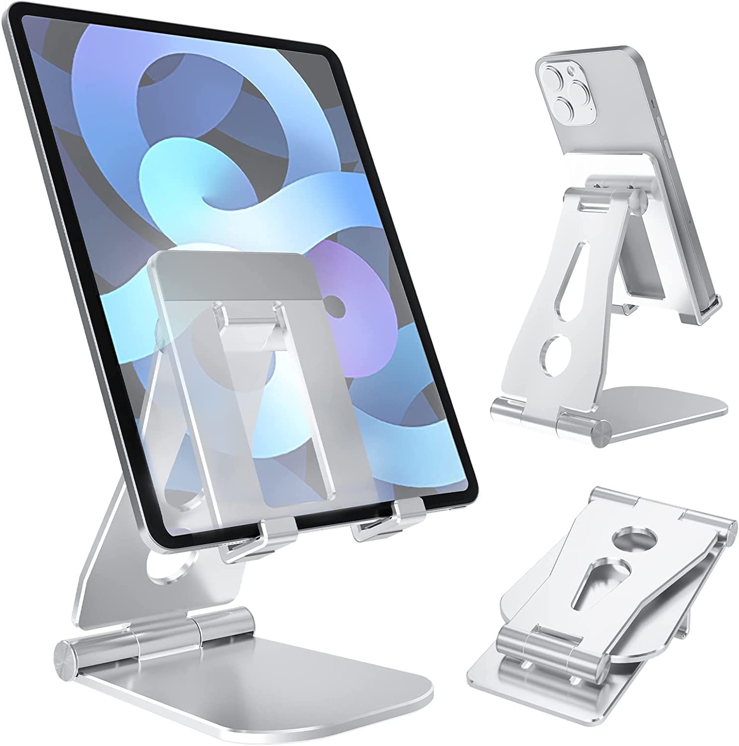 MKLCCP Phone Stand， Cell Phone Stand， Adjustable Tablet Stand for Desk， pgraded Longer Arms for Greater Stability Tablet Holder， iPhone Holder for Bigger Sized Phones and Tablets iPad， Silver