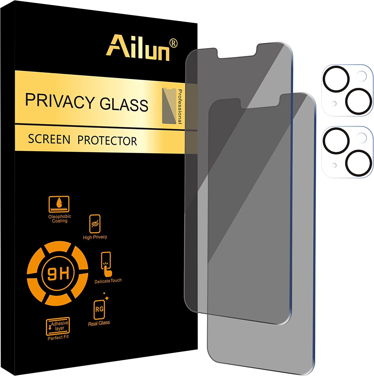 Ailun 2Pack Privacy Screen Protector for iPhone 14 Plus[6.7 inch] + 2 Pack Camera Lens Protector, Anti Spy Private Tempered Glass Film, Case Friendly, [9H Hardness] - HD [Black] [4 Pack]