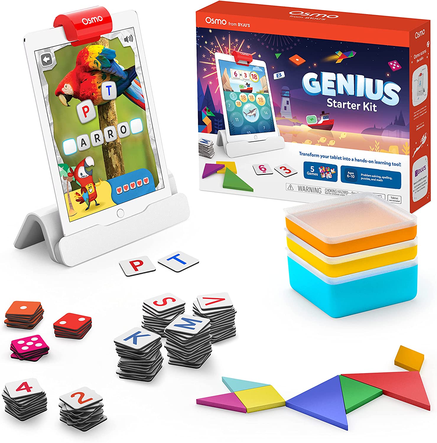 Osmo - Genius Starter Kit for iPad - 5 Educational Learning Games - Ages 6-10 - Math, Spelling, Creativity & More - STEM Toy Gifts for Kids, Boy & Girl - Ages 6 7 8 9 10 (iPad Base Included)